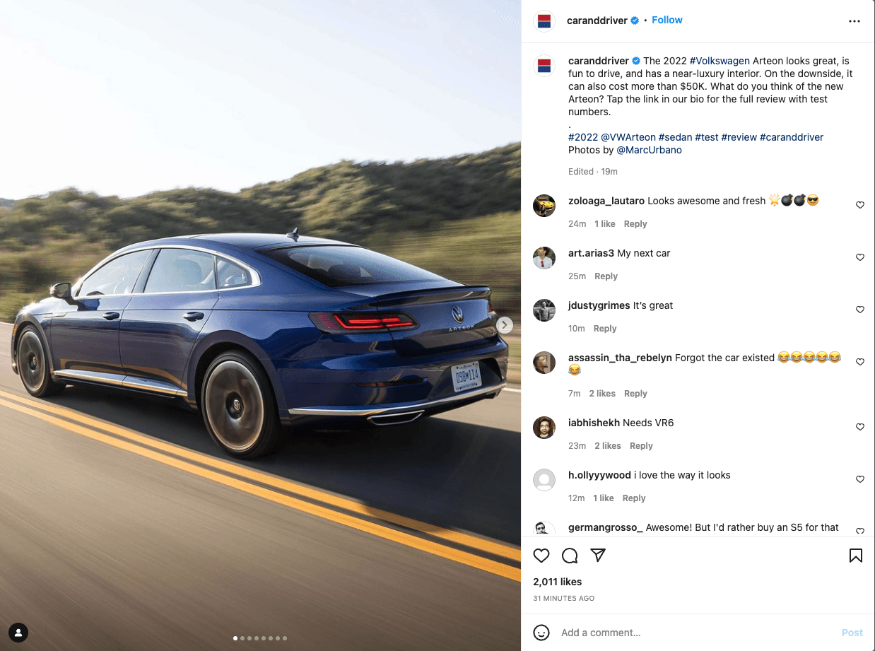 Instagram review of the Volkswagen Arteon from @caranddriver