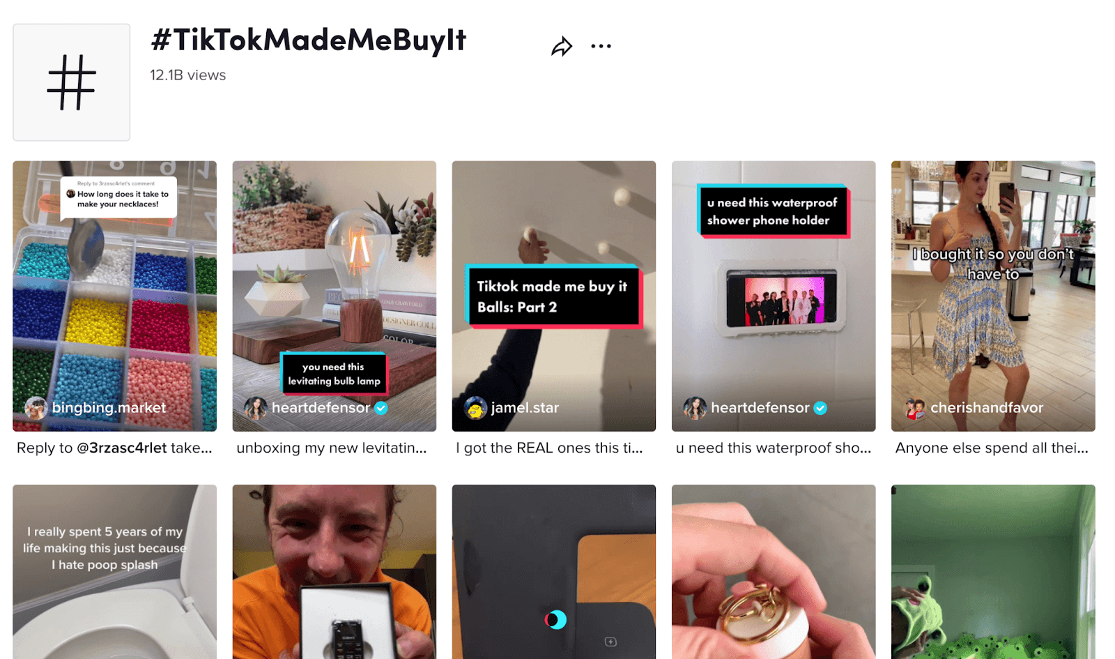 Different videos posting with the hashtag TikTokMadeMeBuyIt